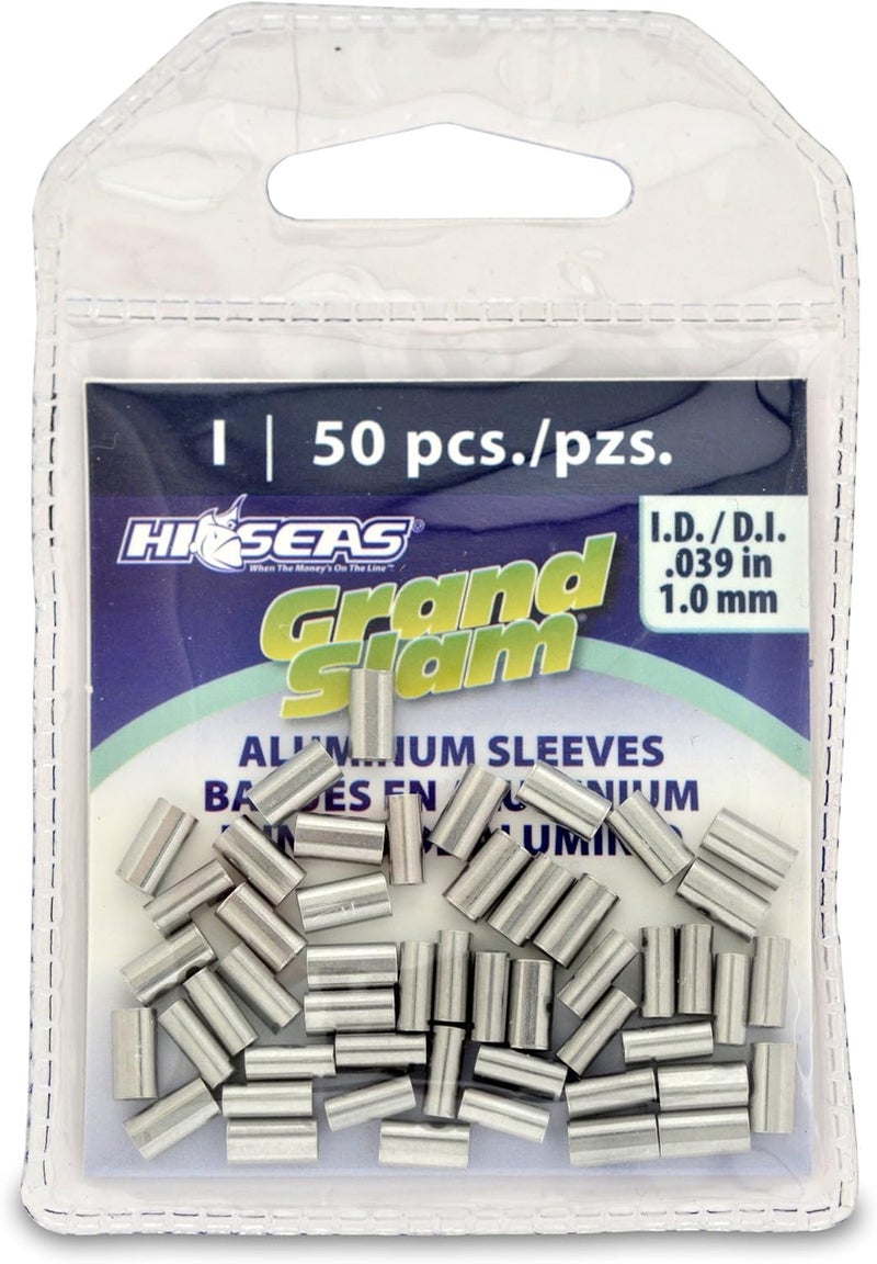 Hi-Seas أكمام ألومنيوم HI-SEAS Grand Slam، بقطر داخلي 1.0 مم، تستخدم مع خط صيد أحادي بوزن 60-80 رطل، 50 قطعة - Image 1